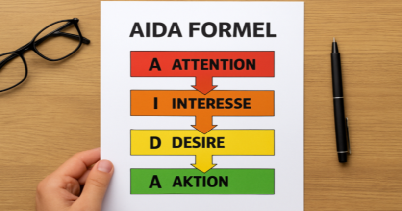 AIDA-Formel im Marketing mit den vier Phasen Attention, Interest, Desire und Action