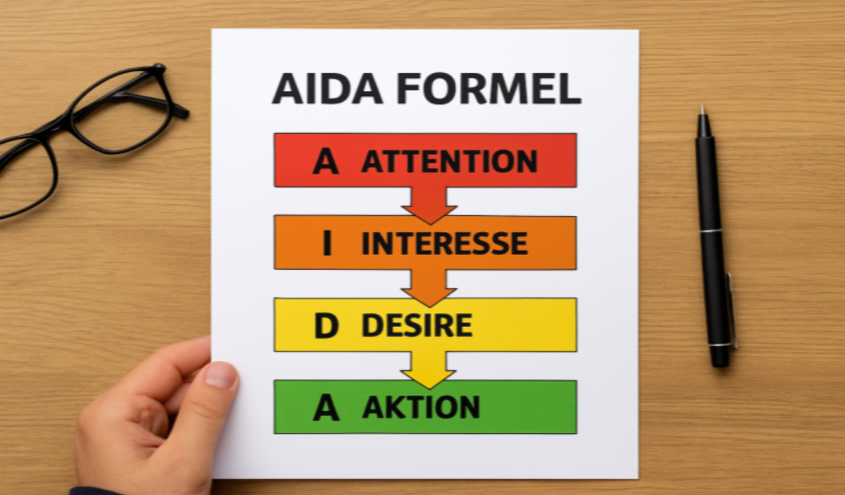 AIDA-Formel im Marketing mit den vier Phasen Attention, Interest, Desire und Action