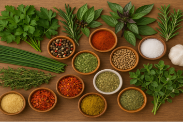 Frische Kräuter und verschiedene Gewürze als Beispiel für Aromageber in der Küche