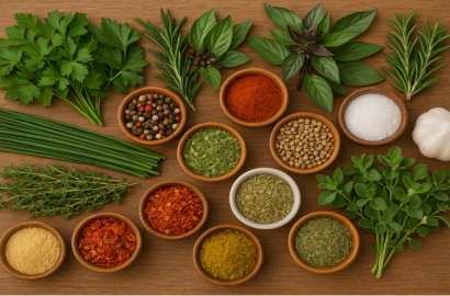 Frische Kräuter und verschiedene Gewürze als Beispiel für Aromageber in der Küche