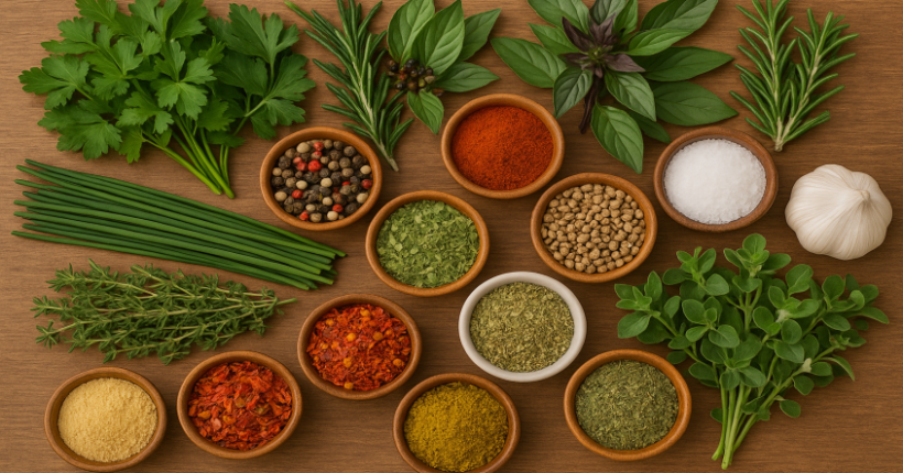 Frische Kräuter und verschiedene Gewürze als Beispiel für Aromageber in der Küche