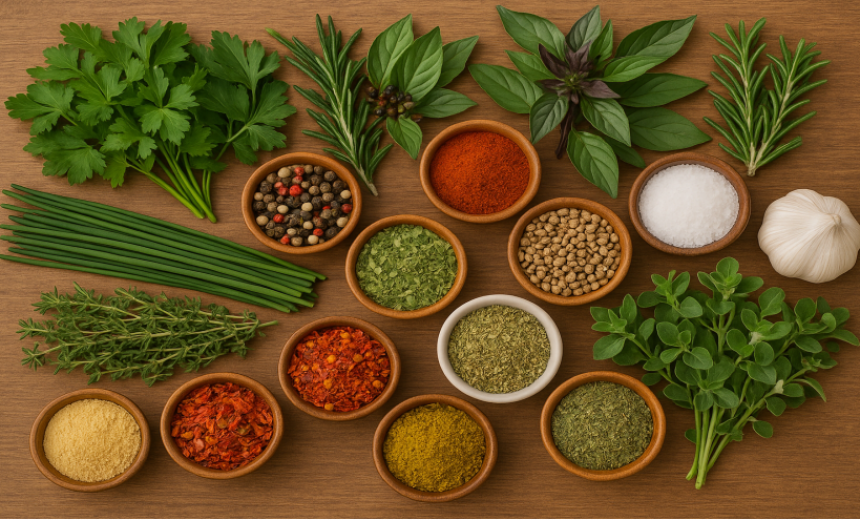 Frische Kräuter und verschiedene Gewürze als Beispiel für Aromageber in der Küche