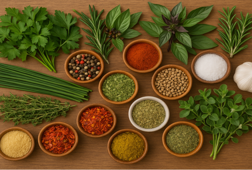 Frische Kräuter und verschiedene Gewürze als Beispiel für Aromageber in der Küche