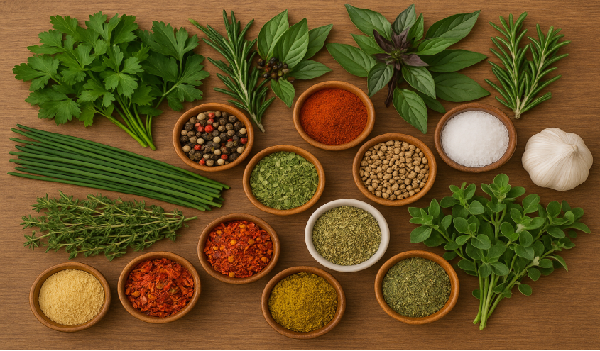 Frische Kräuter und verschiedene Gewürze als Beispiel für Aromageber in der Küche