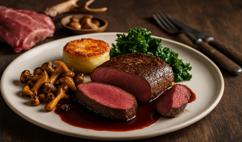 Wildfleisch mit Kräutern und Gewürzen als Beispiel für Fleisch aus der Wildküche