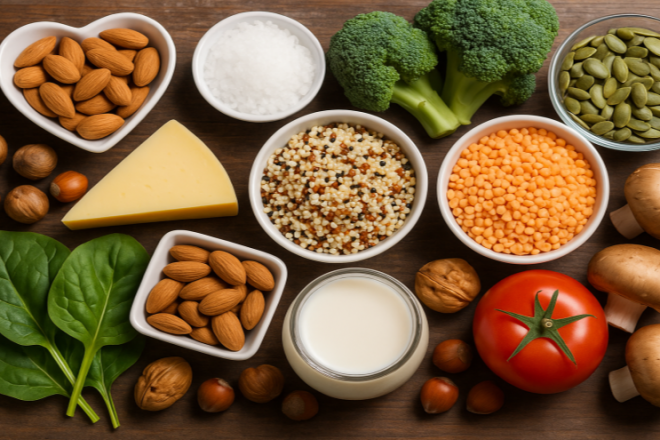 Lebensmittel mit wichtigen Mineralstoffen wie Nüsse, Gemüse und Milchprodukte als Beispiel aus der Ernährungslehre