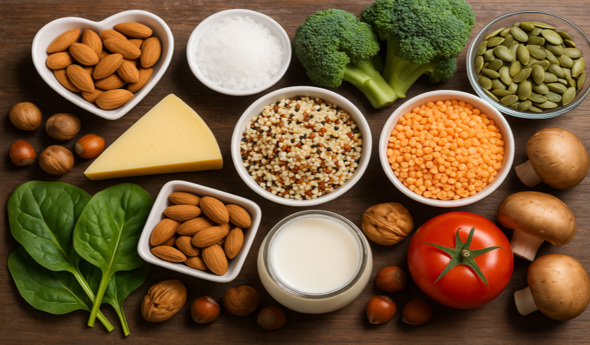 Lebensmittel mit wichtigen Mineralstoffen wie Nüsse, Gemüse und Milchprodukte als Beispiel aus der Ernährungslehre