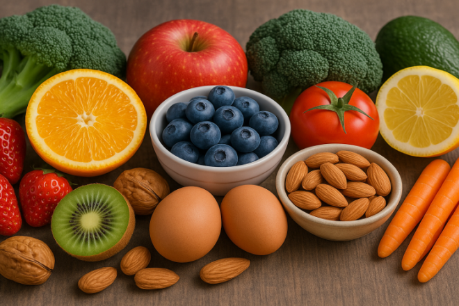 Verschiedene vitaminreiche Lebensmittel wie Obst, Gemüse und Kräuter als Beispiel für wichtige Vitamine in der Ernährungslehre