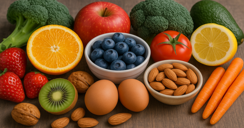 Verschiedene vitaminreiche Lebensmittel wie Obst, Gemüse und Kräuter als Beispiel für wichtige Vitamine in der Ernährungslehre