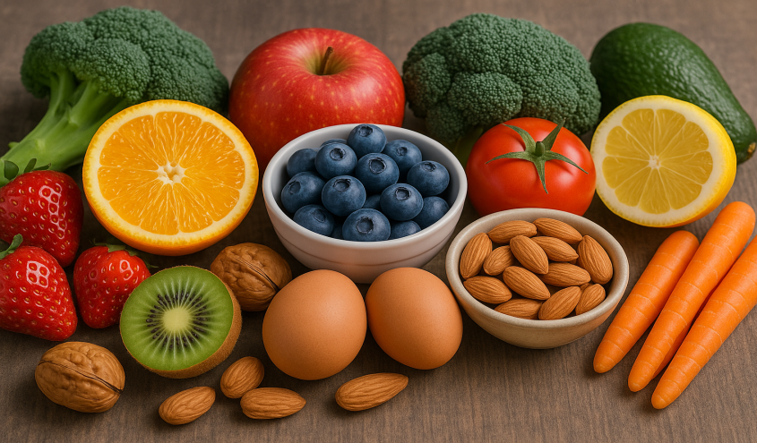 Verschiedene vitaminreiche Lebensmittel wie Obst, Gemüse und Kräuter als Beispiel für wichtige Vitamine in der Ernährungslehre