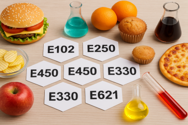 Verpackte Lebensmittel mit Zutatenliste als Beispiel für Zusatzstoffe und mögliche Schadstoffe in der Lebensmittelkunde