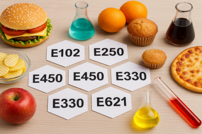 Verpackte Lebensmittel mit Zutatenliste als Beispiel für Zusatzstoffe und mögliche Schadstoffe in der Lebensmittelkunde
