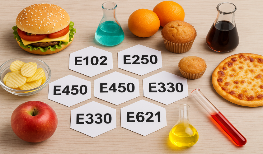 Verpackte Lebensmittel mit Zutatenliste als Beispiel für Zusatzstoffe und mögliche Schadstoffe in der Lebensmittelkunde