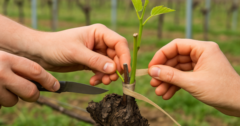 Weinreben beim Aufpfropfen im Weinbau