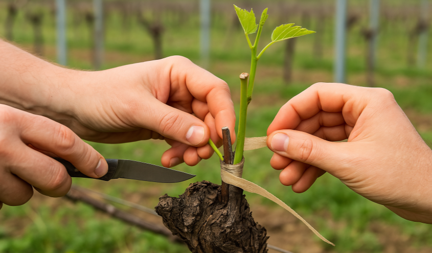 Weinreben beim Aufpfropfen im Weinbau