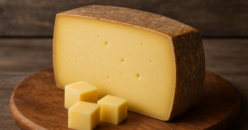 Stück Bergkäse auf Holzbrett