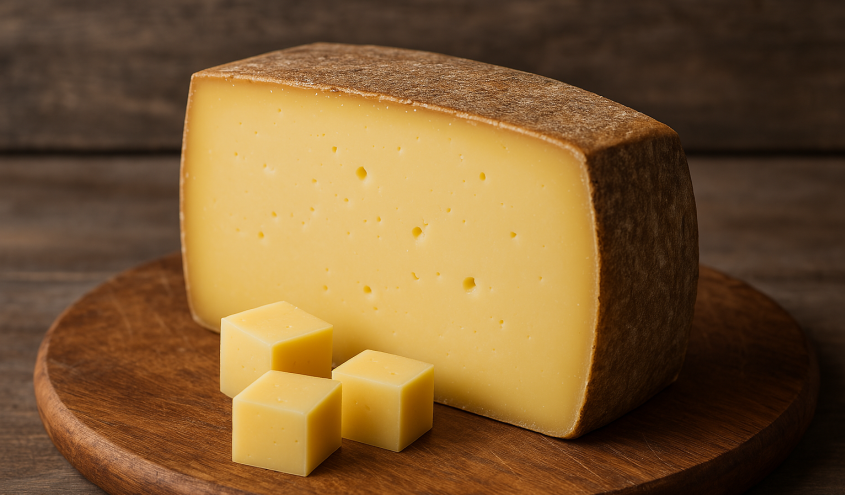 Stück Bergkäse auf Holzbrett