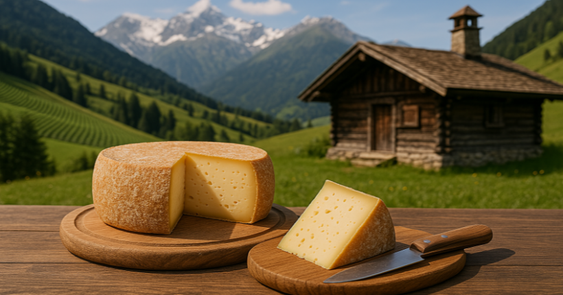 Stück Almkäse auf Holzbrett