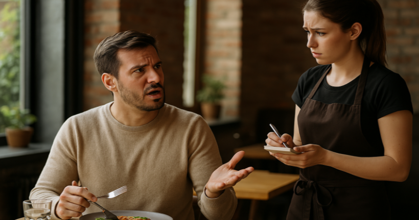 Mitarbeiter nimmt Reklamation eines Gastes entgegen