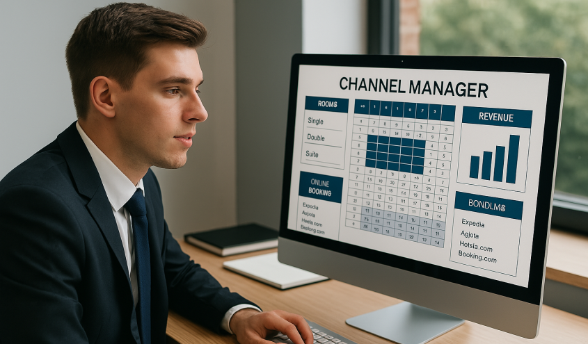 Laptop mit Channel Manager Software für Hotels