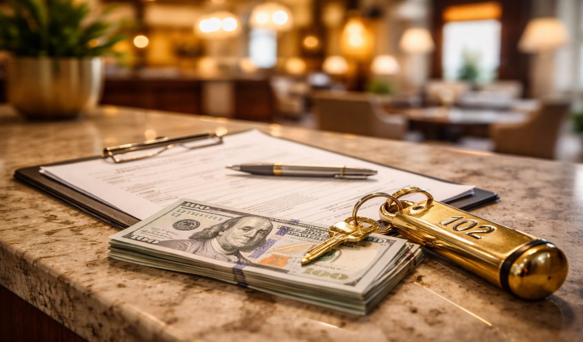 Hotelgast zahlt Deposit bei Reservierung