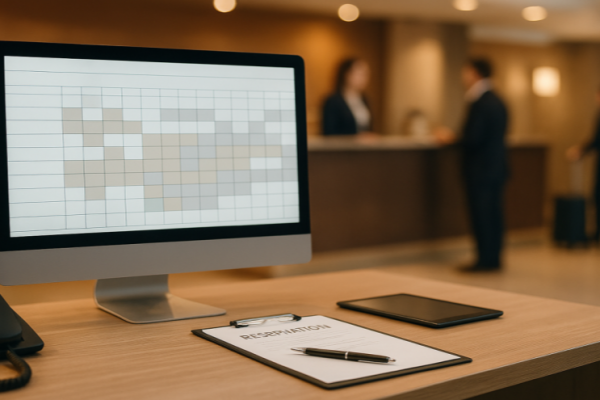 Hotelmitarbeiter überprüft Pick-up-Buchungen am Computer