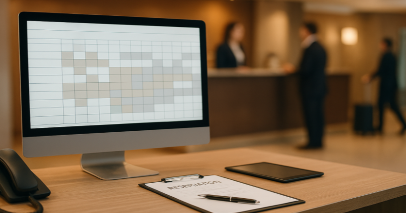 Hotelmitarbeiter überprüft Pick-up-Buchungen am Computer