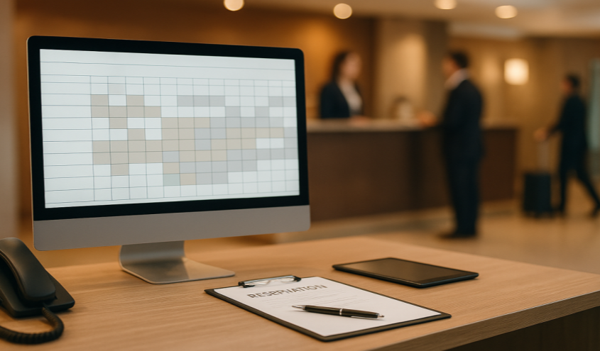 Hotelmitarbeiter überprüft Pick-up-Buchungen am Computer